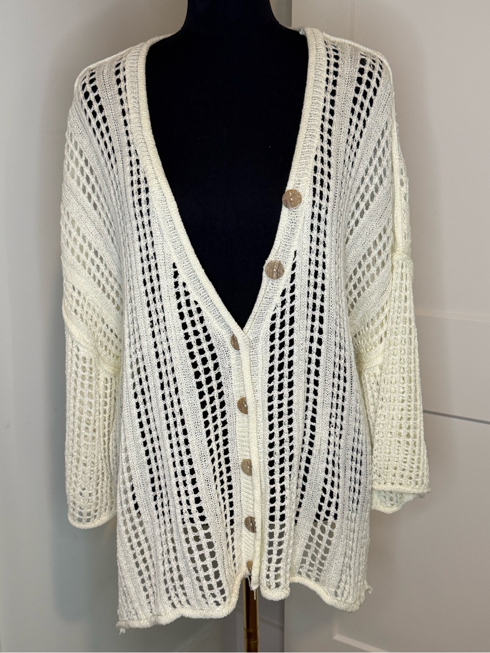 Open-Knit Ivory Button-Front Women's Cardigan